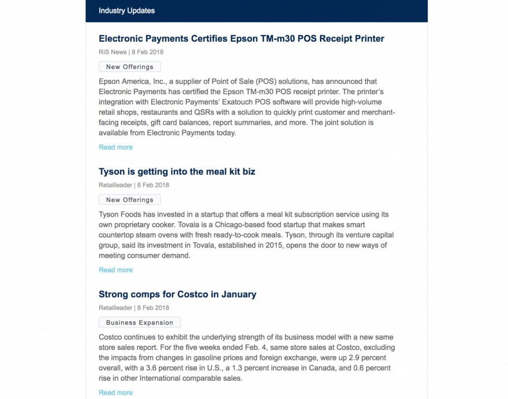 Screenshot of the Industry Updates section of the client’s Market and Competitive Intelligence newsletter
