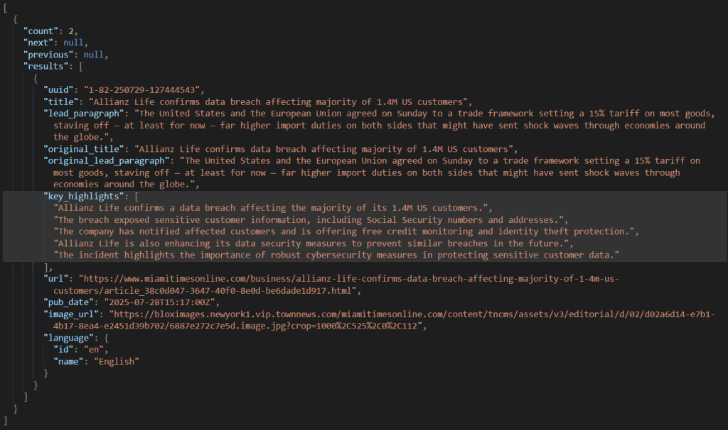 Story Key Highlights in Business News API