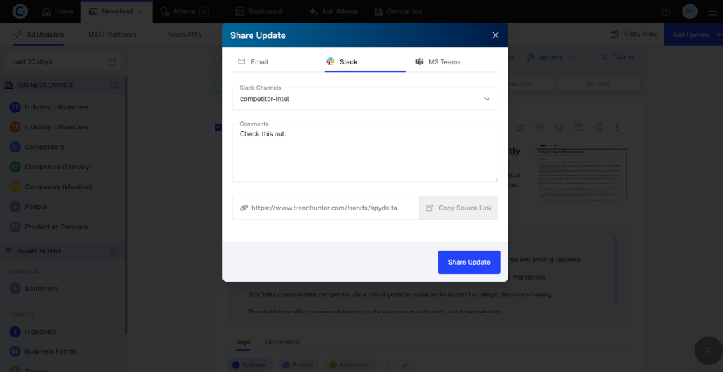 Market and competitive intelligence workflows integrated with Slack, Teams, and enterprise tools